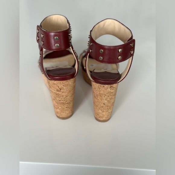 JIMMY CHOO
 Maroon Studded Leather Veto Wedge Platform Sandals - Picture 3 of 4